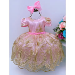 Vestido Infantil Rosa Com Renda Dourada Realeza Luxo