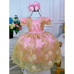 Vestido Infantil Rosa Renda e Tule Dourada Realeza Luxo