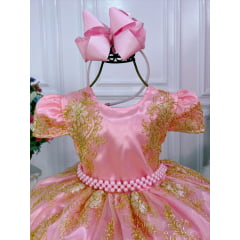 Vestido Infantil Rosa Renda e Tule Dourada Realeza Luxo