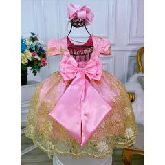 Vestido Infantil Rosa Renda e Tule Dourada Realeza Luxo