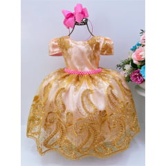 Vestido Infantil Rosa Renda e Tule Dourada Realeza 