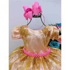 Vestido Infantil Rosa Renda e Tule Dourada Realeza 