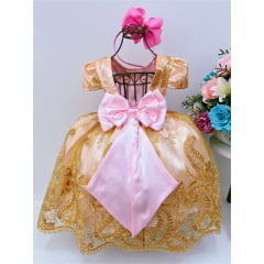 Vestido Infantil Rosa Renda e Tule Dourada Realeza 