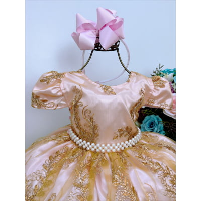 Vestido Infantil Rosa C/ Renda e Tule Dourado Realeza Damas