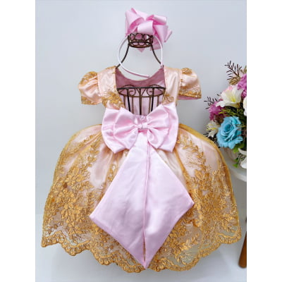 Vestido Infantil Rosa C/ Renda e Tule Dourado Realeza Damas