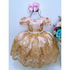 Vestido Infantil Rosa Renda e Tule Dourado Realeza Damas 