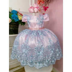 Vestido Infantil Rosa Renda Realeza Azul C/ Cinto de Strass