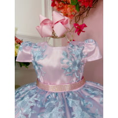 Vestido Infantil Rosa Renda Realeza Azul C/ Cinto de Strass