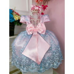 Vestido Infantil Rosa Renda Realeza Azul C/ Cinto de Strass