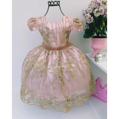 Vestido Infantil Rosa Renda Realeza Dourada Princesa Luxo