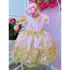 Vestido Infantil Rosa Renda Realeza e Aplique de Borboletas