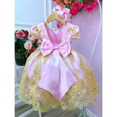 Vestido Infantil Rosa Renda Realeza e Aplique de Borboletas