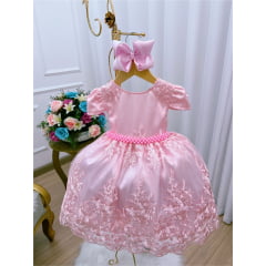 Vestido Infantil Rosa Renda Realeza Princesa C/ Cinto Pérola