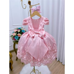 Vestido Infantil Rosa Renda Realeza Princesa C/ Cinto Pérola