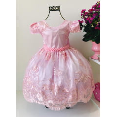 Vestido Infantil Rosa Renda Realeza Princesa Cinto Pérolas