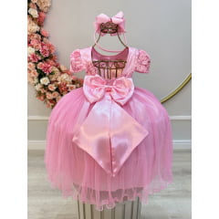 Vestido Infantil Rosa Tule C/ Renda Metálica Luxo Casamento