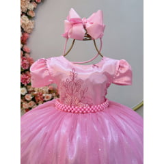 Vestido Infantil Rosa Tule C/ Renda Metálica Luxo Casamento