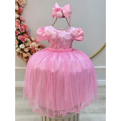 Vestido Infantil Rosa Tule C/ Renda Metálica Luxo Casamento