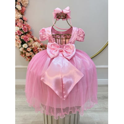 Vestido Infantil Rosa Tule C/ Renda Metálica Luxo Casamento