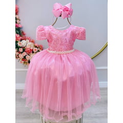 Vestido Infantil Rosa Tule Com Renda Luxo Casamento Festas