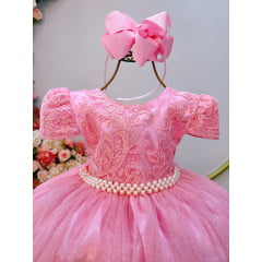 Vestido Infantil Rosa Tule Com Renda Luxo Casamento Festas