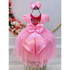 Vestido Infantil Rosa Tule Com Renda Luxo Casamento Festas