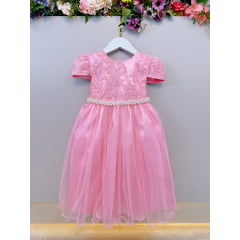 Vestido Infantil Rosa Tule Com Renda Luxo Casamento Festas