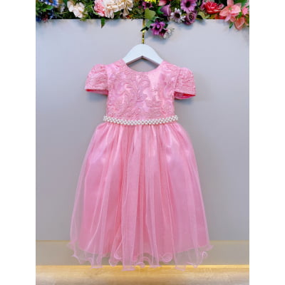 Vestido Infantil Rosa Tule Com Renda Luxo Casamento Festas