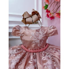 Vestido Infantil Rose Com Renda Realeza e Cinto de Pérolas