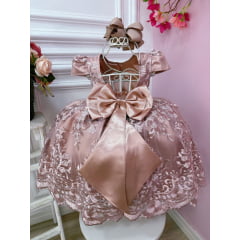 Vestido Infantil Rose Com Renda Realeza e Cinto de Pérolas