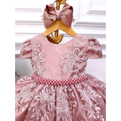 Vestido Infantil Rose Com Renda Realeza e Cinto de Pérolas