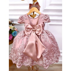 Vestido Infantil Rose Com Renda Realeza e Cinto de Pérolas