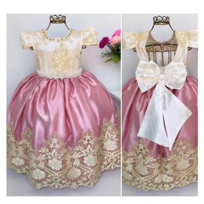 Vestido Infantil Rosê e Marfim Rendado Longos Damas