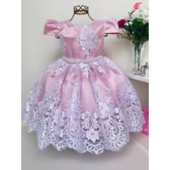 Vestido Infantil Rosê Renda Branca Realeza Luxo Princesa