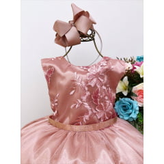 Vestido Infantil Rosé Renda Busto Cinto Strass Luxo