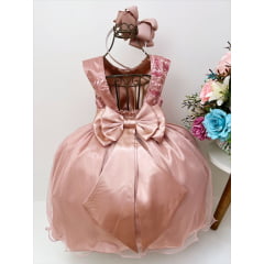 Vestido Infantil Rosé Renda Busto Cinto Strass Luxo