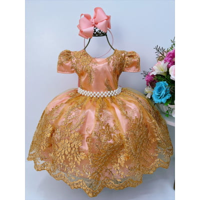 Vestido Infantil Rose Renda e Tule Dourado Realeza Damas Vestido Infantil Rose Renda e Tule Dourado Realeza Damas