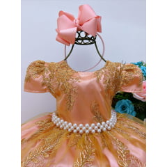 Vestido Infantil Rose Renda e Tule Dourado Realeza Damas