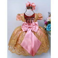 Vestido Infantil Rose Renda e Tule Dourado Realeza Damas