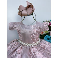 Vestido Infantil Rose Renda Realeza Cinto de Pérola