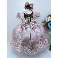 Vestido Infantil Rose Renda Realeza Cinto de Pérola