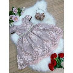 Vestido Infantil Rose Renda Realeza Cinto de Pérola