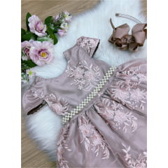 Vestido Infantil Rose Renda Realeza Cinto de Pérola