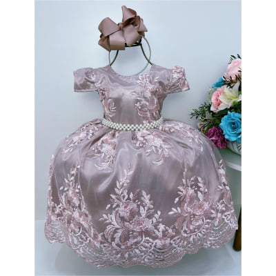 Vestido Infantil Rose Renda Realeza Cinto de Pérola