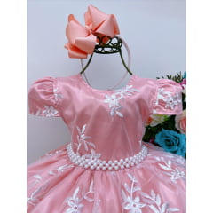 Vestido Infantil Salmão Renda Branca Realeza Cinto Pérolas