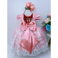 Vestido Infantil Salmão Renda Branca Realeza Cinto Pérolas