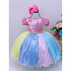 Vestido Infantil Unicórnio Chuva de Amor Arco Iris C/ Renda