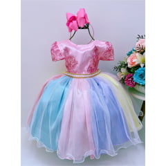 Vestido Infantil Unicórnio Chuva de Amor Arco Iris C/ Renda