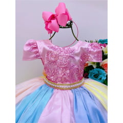 Vestido Infantil Unicórnio Chuva de Amor Arco Iris C/ Rendas