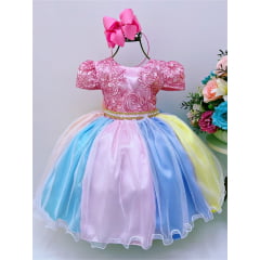 Vestido Infantil Unicórnio Chuva de Amor Arco Iris de Renda